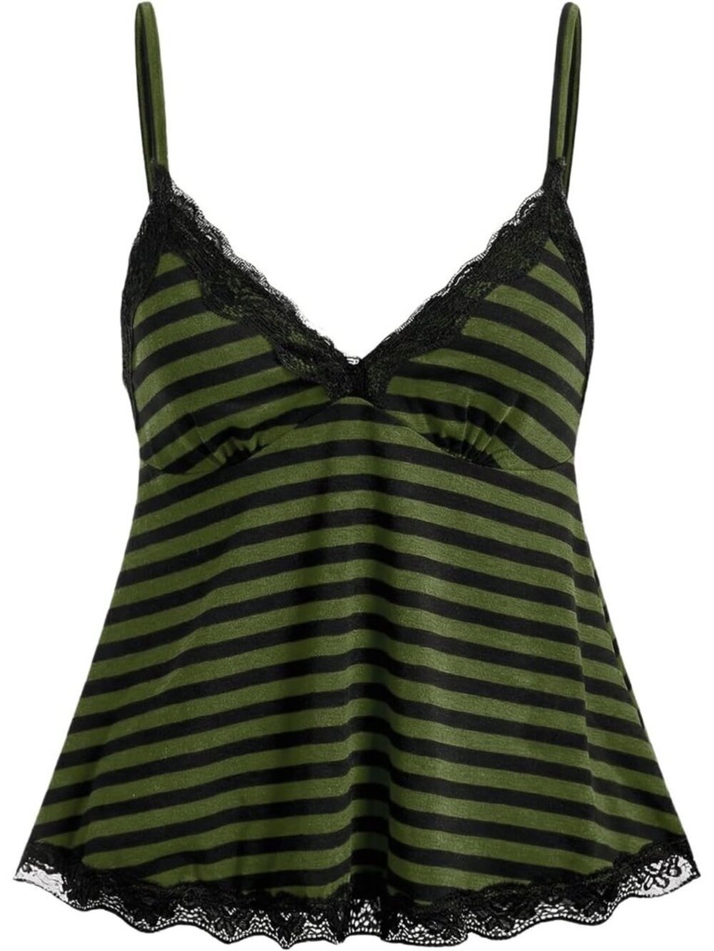 Women's Green and Black Lace Cami Sleeveless Striped Spaghetti Strap Baby doll T